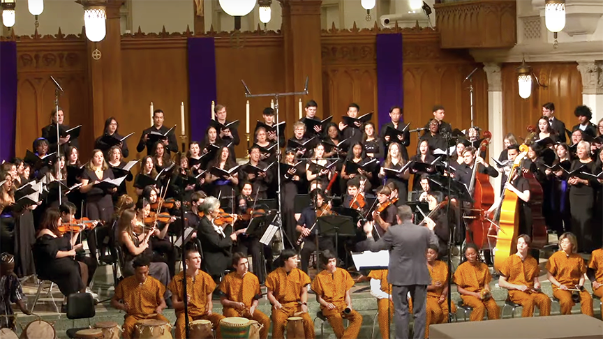 Photos of a large chorus and instrumental ensembles in performances in a church